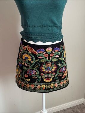 Zara Multicolor Embroidered Floral and bird Suzani Style Black Mini Skirt